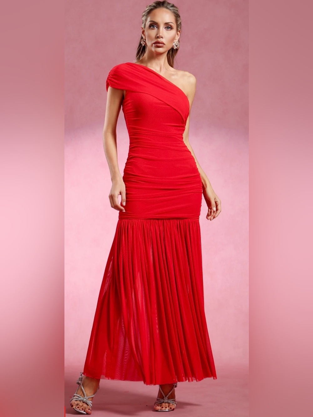 Red One-Shoulder Ruched Evening Dress - Picture 6 of 6